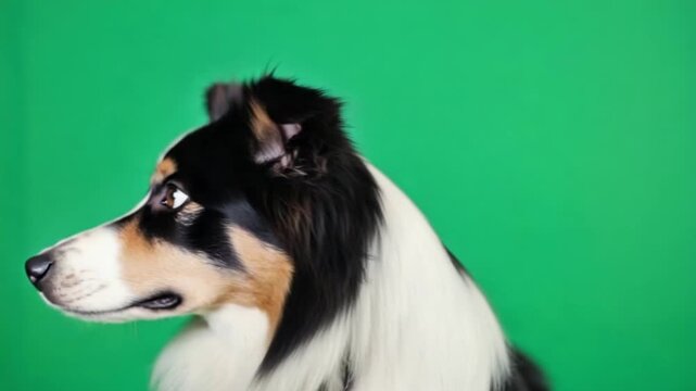 Close up of a border collie with head tilted on a green screen looking at the camera directly dog green screen video