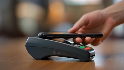 A person's hand using a smartphone for contactless payment on a POS terminal. - Powered by Adobe