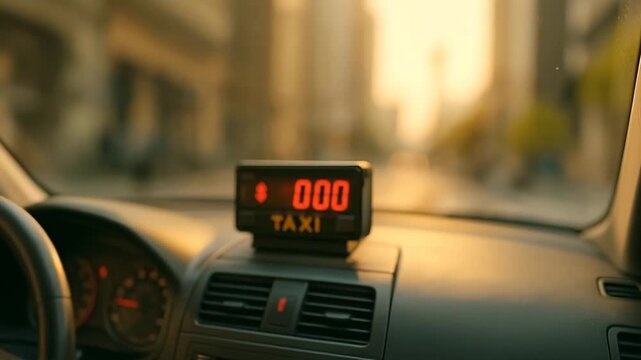 Taxi meter showing zero dollars on dashboard with city street view transitioning to interior car view, cinematic perspective of taxi cab meter display with golden hour lighting and urban background
