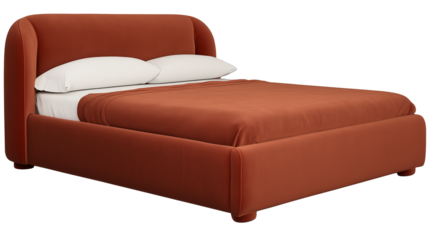 Modern upholstered bed with burnt orange fabric and dark wood legs on transparent background