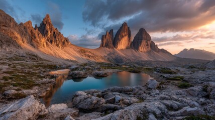 Impressive summer sunrise over rocky mountain valley with laghi del piani lakes, tre cime di lavaredo national park, dramatic morning light on dolomiti peaks, scenic alpine landscape in italy