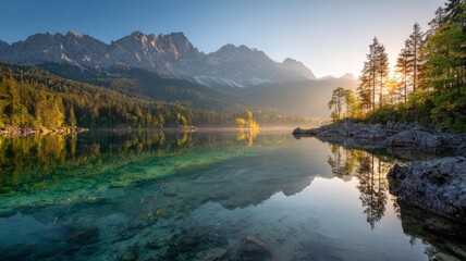 Impressive summer sunrise over eibsee lake with zugspitze mountain range in the german alps, scenic reflection on calm waters, lush alpine surroundings, bavaria, germany, europe, breathtaking natural