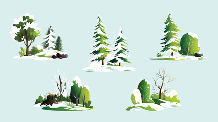 Various groups of snowy trees, illustration of isolated trees with snowdrifts, grass and bushes, winter garden scenery.
