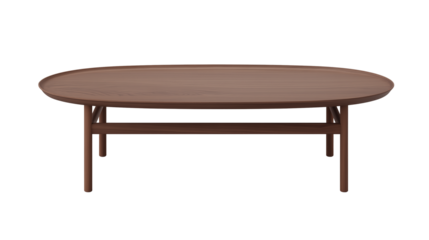 Sleek oval-shaped dark wood coffee table with tapered legs on transparent background