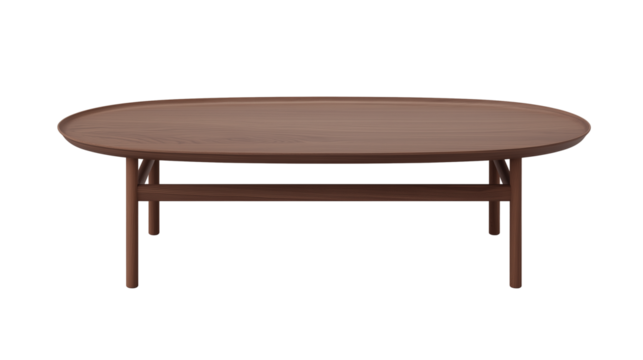 Sleek oval-shaped dark wood coffee table with tapered legs on transparent background