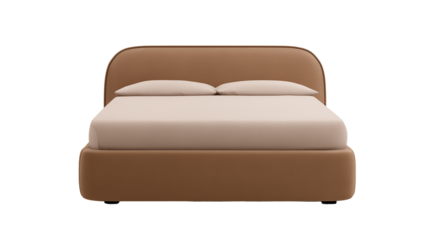 Modern minimalist bed with brown frame and beige sheet on transparent background