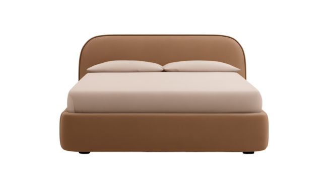 Modern minimalist bed with brown frame and beige sheet on transparent background