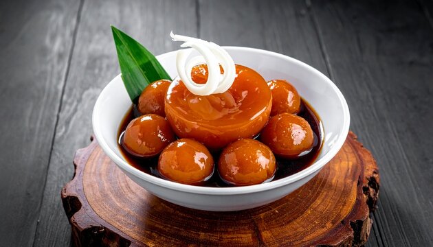 Bowl of Indonesian dessert Candil Jenang Grendul, featuring brown glutinous rice balls in sweet sauce, garnished with pandan leaf and coconut strips, served on a wooden coaster.