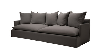 Obraz premium Modern minimalist sofa with dark gray upholstery and square throw pillows on transparent background