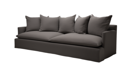 Modern minimalist sofa with dark gray upholstery and square throw pillows on transparent background