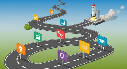 Road to success and business growth rocket launch on winding road with business icons startup, strategy, development, achievement and goal