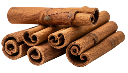 A Stack of Dried Cinnamon Sticks, Featuring a Rough Texture and Rolled Edges, Isolated Against a Transparent Background