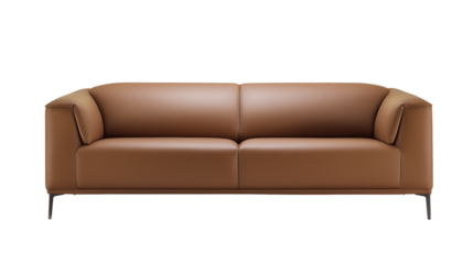 Modern minimalist two-seater brown leather sofa with metallic legs on transparent background