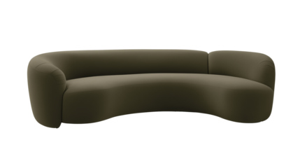 Modern olive-green sofa with curved minimalist design on transparent background