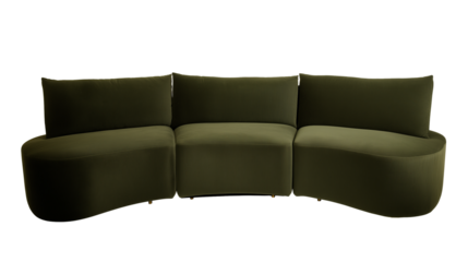 Modern three-piece sectional sofa with olive-green upholstery on transparent background