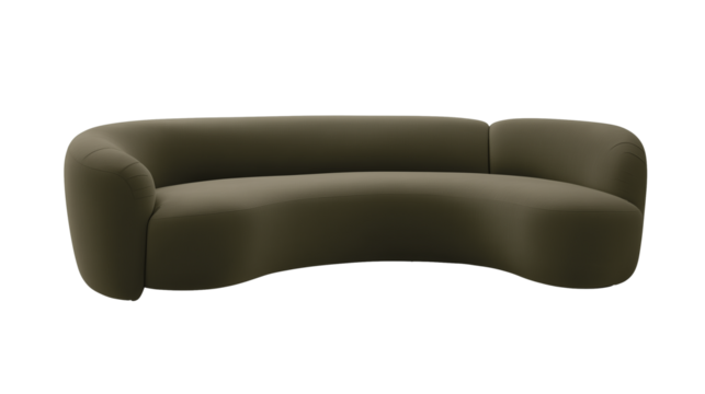 Modern olive-green sofa with curved minimalist design on transparent background