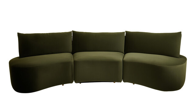 Modern three-piece sectional sofa with olive-green upholstery on transparent background
