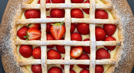 Delicious homemade strawberry lattice pie with powdered sugar.