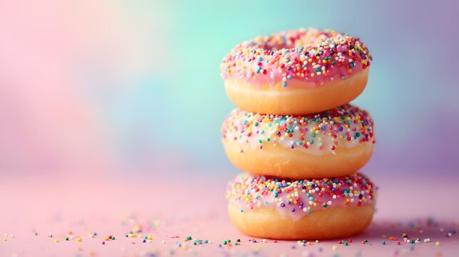 Stack of three colorful donuts with sprinkles on a pastel background.