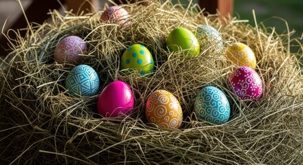 Vibrant easter eggs nestled in a rustic hay-filled setting celebration of spring
