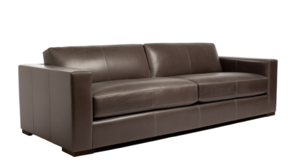 Modern leather sofa with wooden legs on transparent background