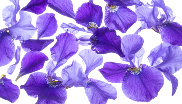 Close-up of vibrant purple iris petals scattered artfully on a white background, creating a soft, natural aesthetic