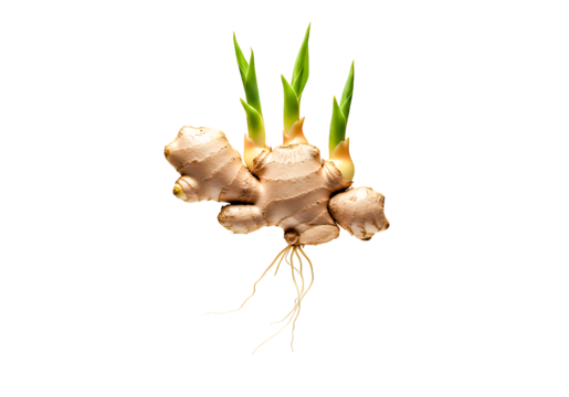 Fresh ginger root sprouting with green shoots and roots, a symbol of health and vitality, ideal for culinary or wellness concepts in your creative projects
