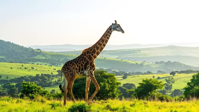A Majestic Giraffe Strolling Across the Savanna Under the Warm African Sun