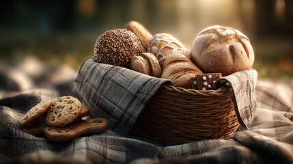 Basket of assorted artisan bread and cookies on picnic blanket with warm sunlight and rustic atmosphere