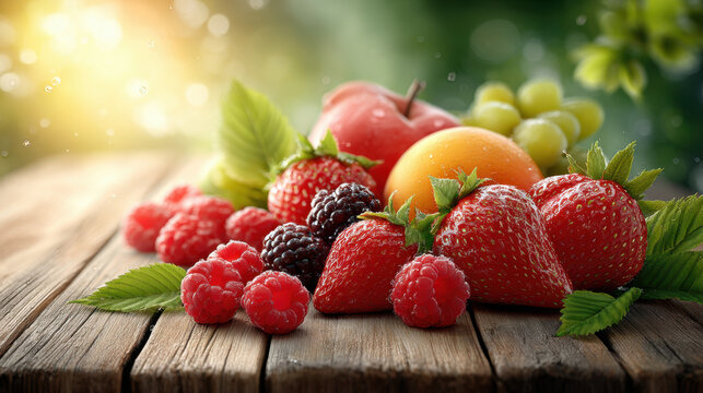 Sunlit assorted fresh spring fruits on rustic wooden picnic table with strawberries, raspberries, blackberry, apple, apricot and grapes creating bright, juicy summer mood