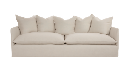 Modern minimalist sofa with six throw pillows on transparent background