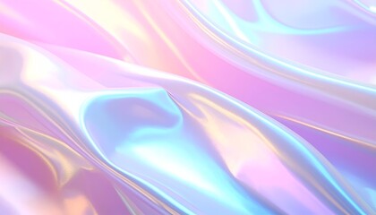 Fluid, iridescent fabric billows in soft light, showcasing pastel hues and a reflective sheen