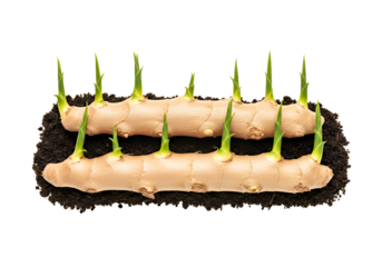 Fresh ginger rhizome sprouting in fertile soil represents new beginnings, organic gardening, and wellness, ideal for food blogs and health-conscious consumers