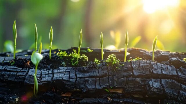 New life sprouting from charred wood in a time-lapse, showing growth and nature's resilience