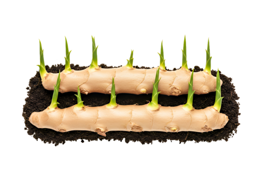 Fresh ginger rhizome sprouting in fertile soil represents new beginnings, organic gardening, and wellness, ideal for food blogs and health-conscious consumers