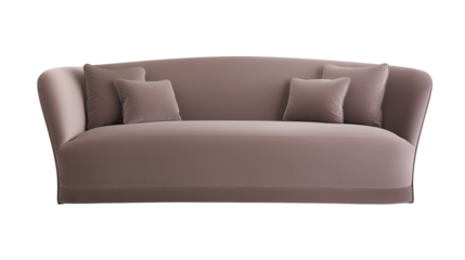 Modern sofa with light purple upholstery and throw pillows on transparent background
