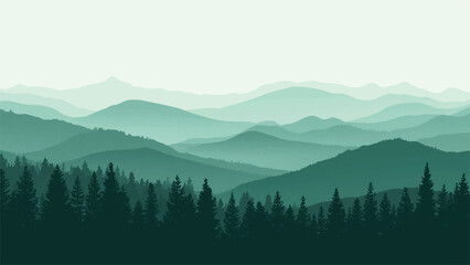 Layered green mountains and silhouetted forest landscape peaceful and serene