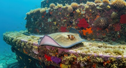 Stingray resting gracefully on coral encrusted submerged structure in the ocean