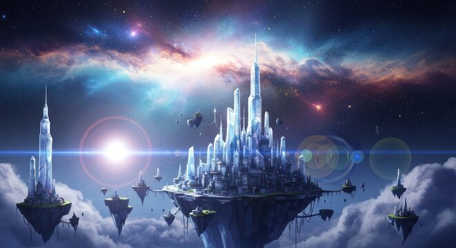 Spectacular ethereal cityscape floating among celestial clouds and cosmic radiance