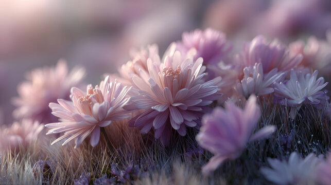 Soft pastel chrysanthemum blossom on soft grass at morning light, delicate petals glowing with gentle bokeh and serene mood