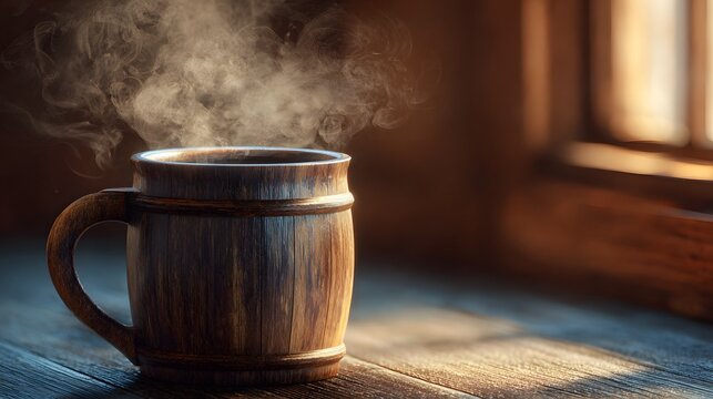 Steaming wooden mug of hot coffee on a rustic wooden table by a window. - Powered by Adobe