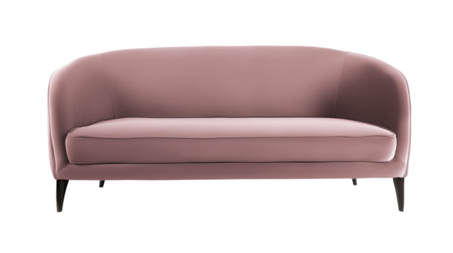 Modern minimalist sofa with light pink upholstery and black tapered legs on transparent background
