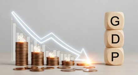 Falling GDP forecast with stacked coins showing decreasing percentage and downward trendline for economic analysis and financial planning, a sign of recession worries