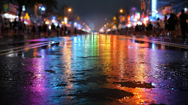 Colorful neon lights reflected on wet city street at night, blurred crowd and buildings lining road creating vibrant urban atmosphere and lively festival mood
