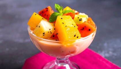 A refreshing fruit salad presented in a glass bowl, featuring various colorful tropical fruits.