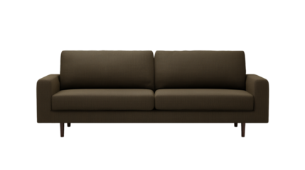 Modern minimalist sofa with dark brown upholstery and tapered wooden legs on transparent background