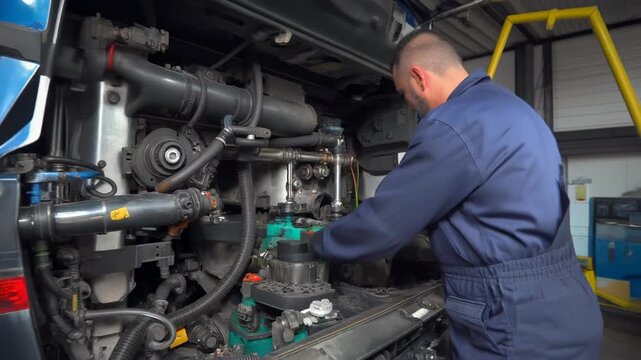 A mechanic in blue overalls meticulously inspects and works on a large truck engine in a professional garage setting.