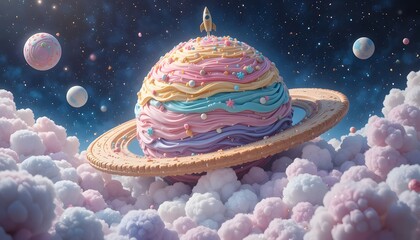 fantasy dessert planet with rocket and candy clouds in space