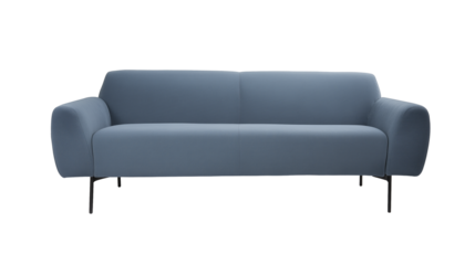 Modern minimalist sofa with light blue upholstery and black metal legs on transparent background