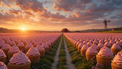 Fototapeta premium cupcake field landscape with sunrise windmill and house fantasy